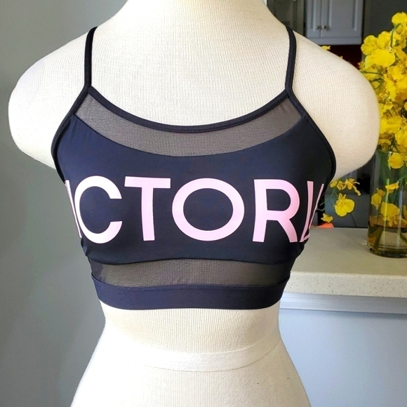 VICTORIA SPORT bra, black with big pink letters. Size medium. Excellent - Picture 1 of 11